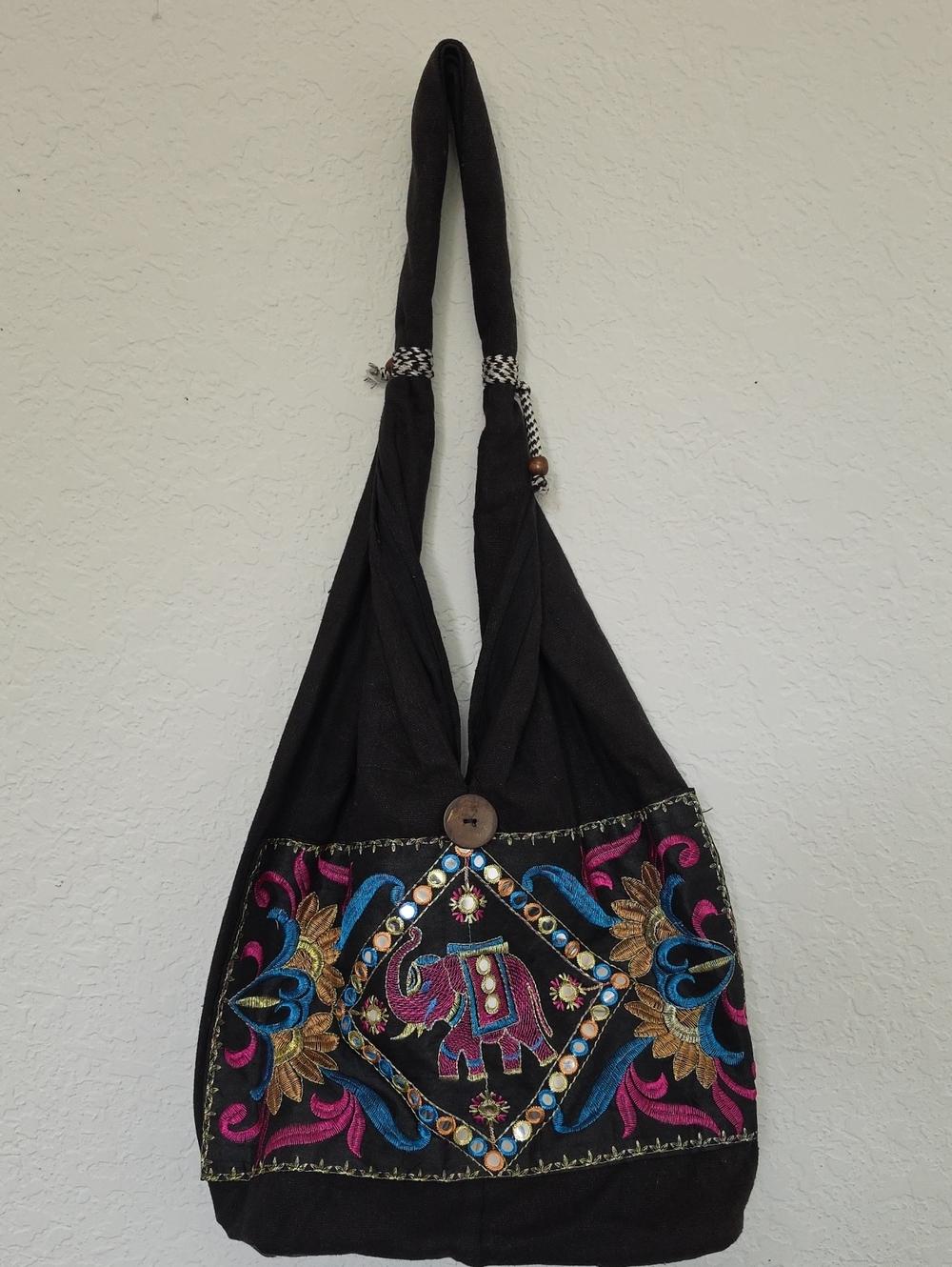 Embroidered Black Shoulder Bag with Colorful Elephant Accent NEW